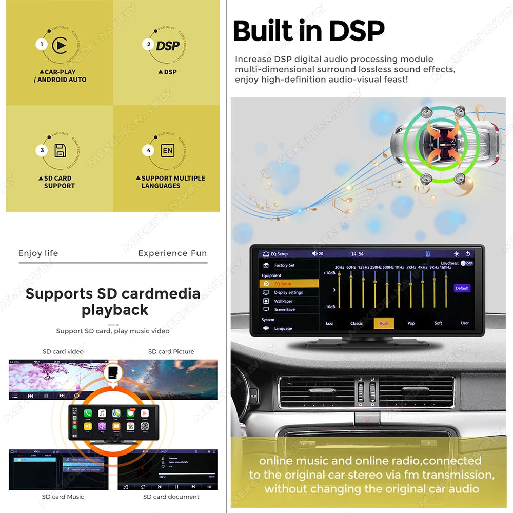 10.26" Car Monitor Wireless Carplay Android-Auto Screen DSP WIFI Multimedia Player Support HD Camera FM AUX Navigation Dashboard