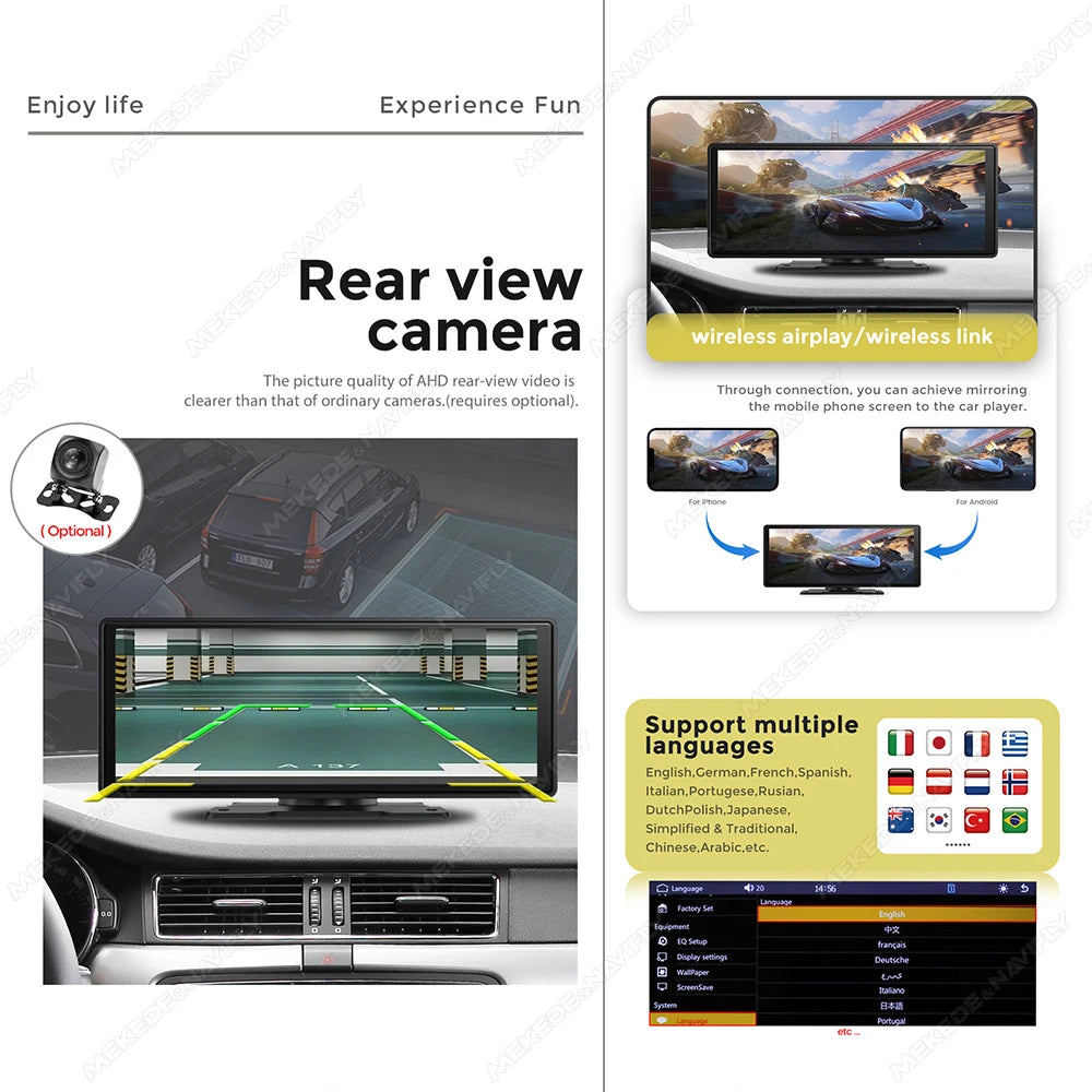 10.26" Car Monitor Wireless Carplay Android-Auto Screen DSP WIFI Multimedia Player Support HD Camera FM AUX Navigation Dashboard